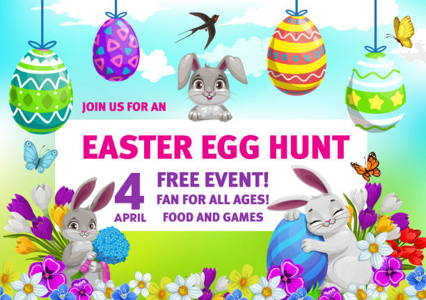 bildbanksillustrationer, clip art samt tecknat material och ikoner med påsk semester äggjakt fest flygblad med kaniner - easter egg