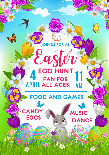 bildbanksillustrationer, clip art samt tecknat material och ikoner med påsk semester vektor flygblad med tecknade kaniner - easter egg