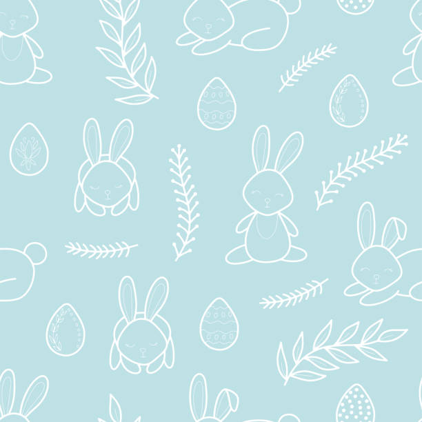Easter holiday vector line seamless pattern illustration. Easter holiday vector line seamless pattern illustration. Spring cute pattern with bunnies, easter eggs and branches. For fabric prints, decorations, backgrounds easter sunday stock illustrations