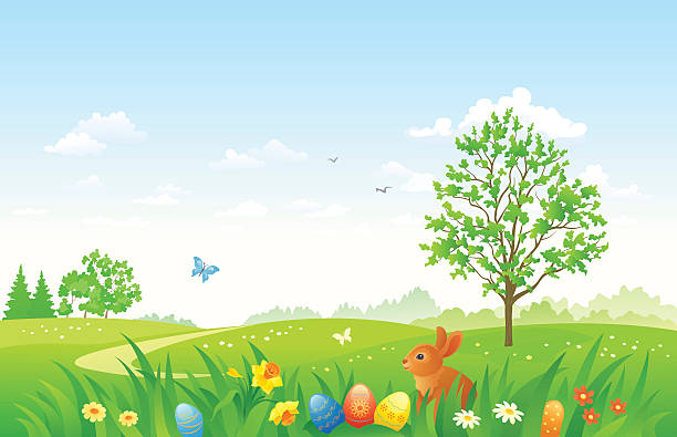 Easter landscape with a bunny vector art illustration