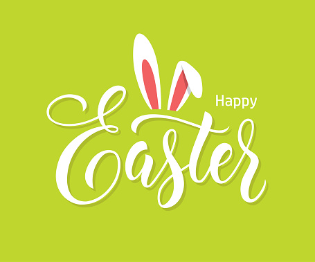 Easter lettering with bunny ears on green background.