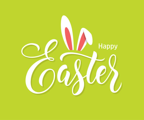 Easter lettering with bunny ears on green background. Hand drawn lettering with bunny ears on bright green background. Happy Easter banner or greeting card design with modern calligraphy, text, typography. easter stock illustrations