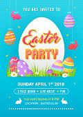 Easter Party poster vector illustration. Hanging decorations, Colorful Easter eggs on spring field.