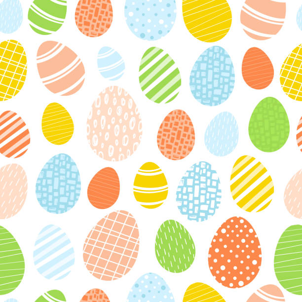 Easter pattern cute bright eggs with a variety of patterns. Seamless background. Spring holiday palette. Printing on fabric, napkins, postcards. Vector illustration, hand drawn Easter pattern cute bright eggs with a variety of patterns. Seamless background. Spring holiday palette. Printing on fabric, napkins, postcards. Vector illustration, hand drawn easter sunday stock illustrations