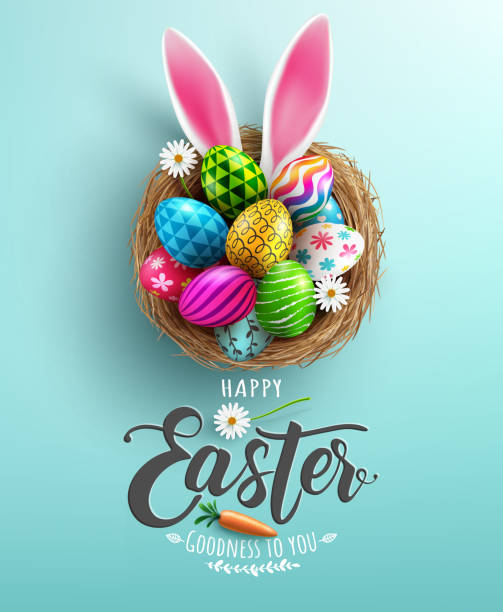 ilustrações de stock, clip art, desenhos animados e ícones de easter poster and banner template with easter eggs in the nest on light green background.greetings and presents for easter day in flat lay styling.promotion and shopping template for easter - pascoa