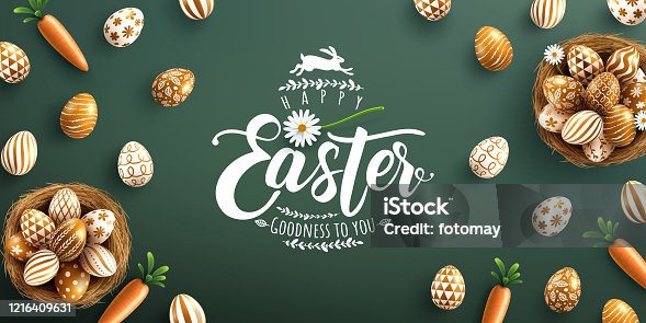 istock Easter poster and banner template with golden Easter eggs in the nest on green background.Greetings and presents for Easter Day in flat lay styling.Promotion and shopping template for Easter 1216409631