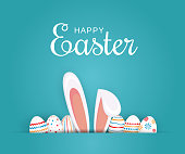istock Easter poster, background or card with eggs and bunny ears. Vector illustration. 1141789239