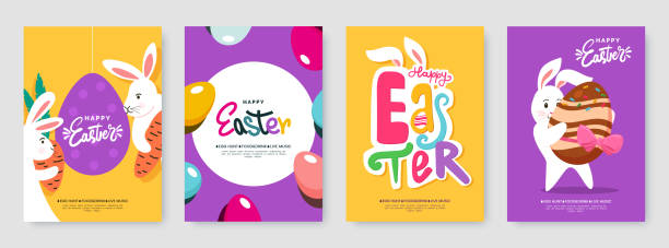 Easter poster collection in cute cartoon style. Easter egg hunt game invitation template. Spring banners set with funny bunnies. Ideal for flyer, social media post, promo, card. Vector illustration. vector art illustration