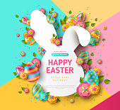 Easter card with bunny rabbit shape frame, spring flowers and eggs on colorful modern geometric background. Vector illustration. Place for your text.