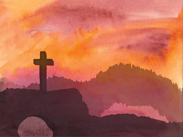 Easter scene with cross. Jesus Christ. Watercolor vector illustration Watercolor vector illustration. Hand drawn Easter scene with cross. Jesus Christ. Crucifixion. religious cross backgrounds stock illustrations