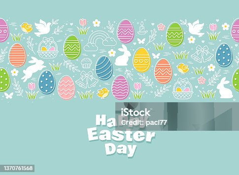 istock Easter seamless pattern icons with colorful eggs, flowers, bunnies and butterfly 1370761568