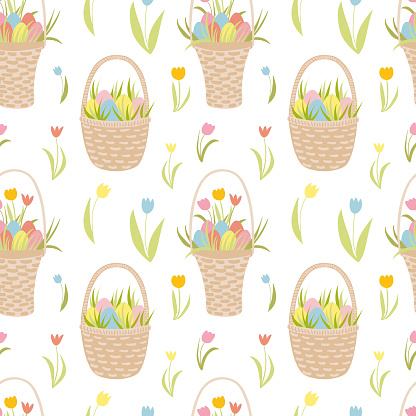 Easter seamless pattern with baskets and eggs