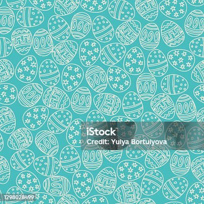 istock Easter seamless pattern with Easter eggs as lace on a blue background. Vector flat design illustration in doodle style for  prints, wrapping paper, etc. For Happy Easter. 1298028499