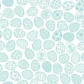 Easter seamless pattern with flat line icons of painted eggs. Egg hunt vector illustrations, christianity traditional celebration wallpaper. Blue, white color.