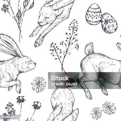 istock Easter seamless patterns with rabbits, ornamented eggs, wild flowers. 519656772