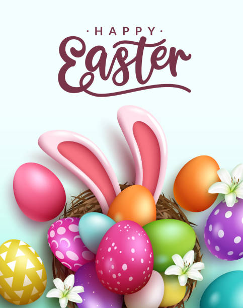Easter season vector poster design. Happy easter text with 3d realistic bunny ears and eggs bunch in nest for holiday season greeting background. Easter season vector poster design. Happy easter text with 3d realistic bunny ears and eggs bunch in nest for holiday season greeting background. Vector illustration. easter sunday stock illustrations