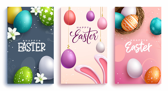 Easter season vector poster set. Happy easter greeting text with 3d colorful egg prints and pattern for holiday seasonal card collection design. Vector illustration.