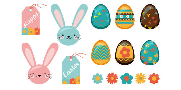 Easter set of painted eggs, easter bunnies and flowers with icons in flat style on isolated white background. Graphic vector illustration in EPS 10 format. Graphic vector illustration in EPS 10 format. easter sunday stock illustrations