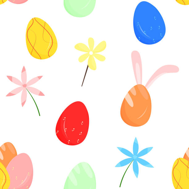 Easter spring seamless pattern with cute decorated eggs and flowers. Vector drawn flat cartoon elements. Easter spring seamless pattern with cute decorated eggs and flowers. Vector drawn flat cartoon elements. easter sunday stock illustrations