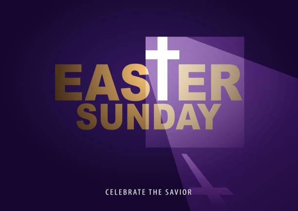 Easter Sunday He is Risen To celebrate the resurrection of Jesus Christ from the dead on Easter Sunday, with glowing cross from the tomb of Jesus on the purple background easter sunday stock illustrations