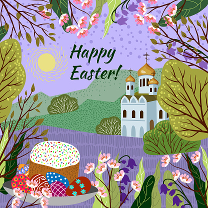 Easter. Vector cute illustration with nature landscape and church
