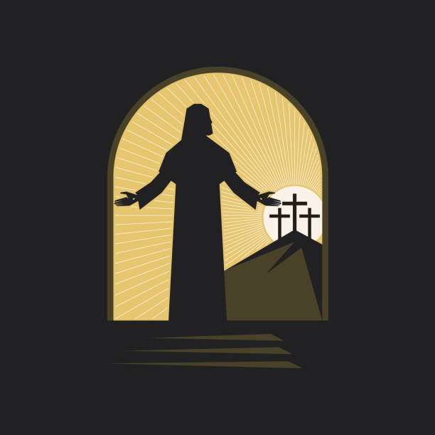 Easter vector illustration. Jesus Christ is resurrected and comes out of the tomb. Three crosses on Golgotha. Easter vector illustration. Jesus Christ is resurrected and comes out of the tomb. Three crosses on Golgotha. coptic christianity stock illustrations