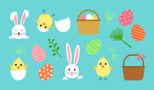 부활절 벡터 세트, 귀여운 봄 아이콘. 만화 토끼, 계란, 토끼, 바구니, 껍질을 가진 병아리 - 바구니 일러스트 stock illustrations