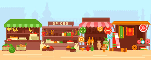 ilustrações, clipart, desenhos animados e ícones de bazar oriental, ilustração de vetor plano do mercado de rua - mercado