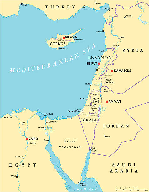 Eastern Mediterranean Political Map Eastern Mediterranean Political Map with capitals national borders, important cities, rivers and lakes. English labeling and scaling. Illustration. israel stock illustrations