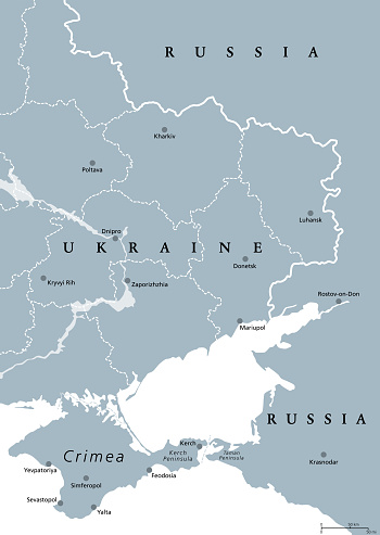 Eastern Ukraine, Crimea and Donbass, gray political map