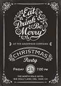 Lacy Style Chalkboard Christmas Party Invitation with the words "Eat, Drink & Be Merry" Layered file with font info. Texture can be removed. Please see my portfolio for more like this. Merry Christmas!