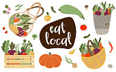 Eat local lettering vegetables and greens. Farmers market concept illustration with fresh vegetables isolated on the white background. Farmer, organic, vegan.