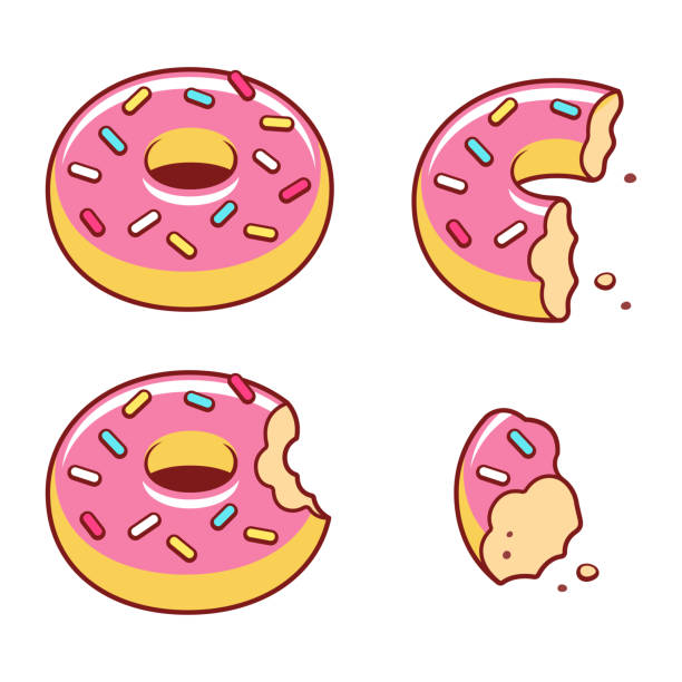 Eating donut illustration Different stages of eating donut: whole, missing bite, half-eaten and crumbs left. Cute cartoon vector illustration. doughnut stock illustrations