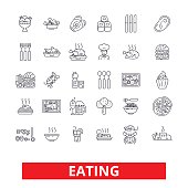 Eating food, restaurant menu, family cafe, tasting dinner, healthy dining, drink line icons. Editable strokes. Flat design vector illustration symbol concept. Linear signs isolated on white background