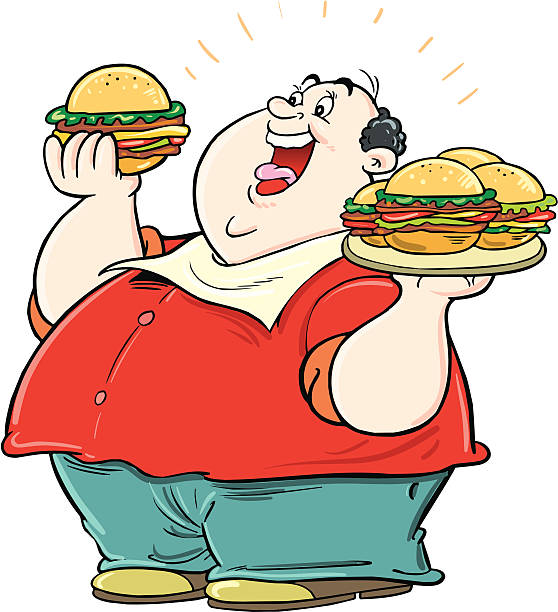 ест гамбургер - fat man eating a burger cartoons stock illustrations.