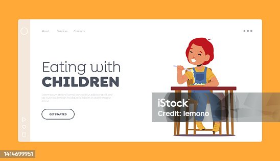 istock Eating with Children Landing Page Template. Little Kid Enjoying Tasty Food, Red Head Smiling Child Eat Spaghetti 1414699951