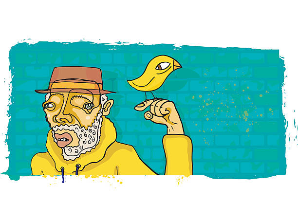 Cool Eccentric Bearded Man in Yellow Hoodie against a Brick Wall with Bird Pet Perched on Finger
