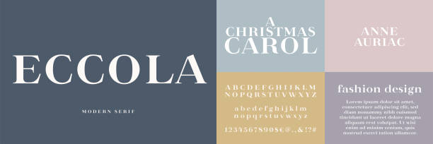 Eccola, modern serif typeface design. Uppercase and lowercase letters, numbers and special characters. Modern serif typography design. serif typeface stock illustrations