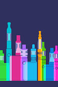 Colourful overlapping silhouettes of e-cigarettes or vapers