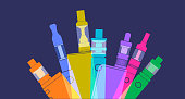 Colourful overlapping silhouettes of e-cigarettes or vapers