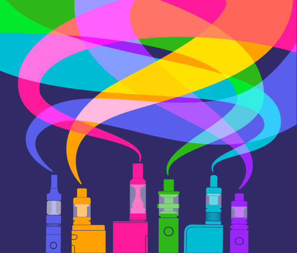 E-cigarettes or vapers Colourful overlapping silhouettes of e-cigarettes or vapers. Best in RGB electronic cigarette stock illustrations