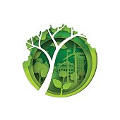 Eco and nature concept.Big tree,seedling and green city with environment conservation.Vector illustration