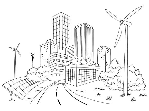 エコシティグラフィック黒白街景観スカイラインスケッチイラストベクトル - 風力発電点のイラスト素材／クリップアート素材／マンガ素材／アイコン素材