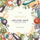 Healthy Food frame. Vector vegetables illustration. Sketched menu design. Vintage background