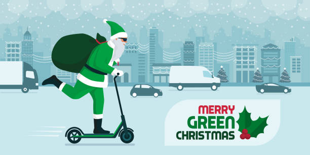 umweltfreundliche grüne santa trägt geschenke auf einem kick scooter - sustainable future road stock-grafiken, -clipart, -cartoons und -symbole