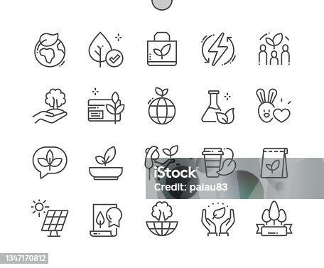 istock Eco friendly. Natural cosmetic. No animal testing. Certified organic. Paper bag. Vegan product. Pixel Perfect Vector Thin Line Icons. Simple Minimal Pictogram 1347170812