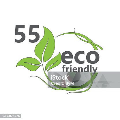 istock 55% Eco friendly stamp icons Vector illustration with Green organic plant leaf. Eco friendly green leaf label sticker. 2d vector illustration. 1406076226
