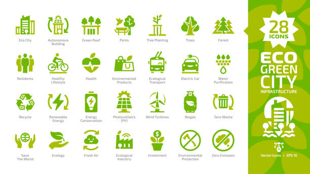 illustrations, cliparts, dessins animés et icônes de eco ville verte couleur glyphe icône ensemble avec parcs, arbres, santé, voiture électrique, purification de l’eau, recyclage, énergie renouvelable, photovoltaïque, éolienne éoliennes, biogaz, l’air frais et zéro déchets pictogramme. - architecture ecologie