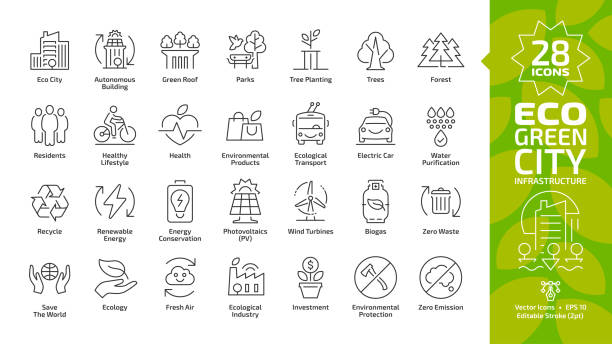 Eco green city editable stroke line icon set with environment ecology town infrastructure, renewable solar and wind electric energy, recycle technology, urban tree save, global friendly outline sign. Eco green city editable stroke line icon set with environment ecology town infrastructure, renewable solar and wind electric energy, recycle technology, urban tree save, global friendly outline sign. city icons stock illustrations