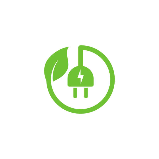 eco green electric plug icon symbol vector design with leaf shape  wired stock illustrations